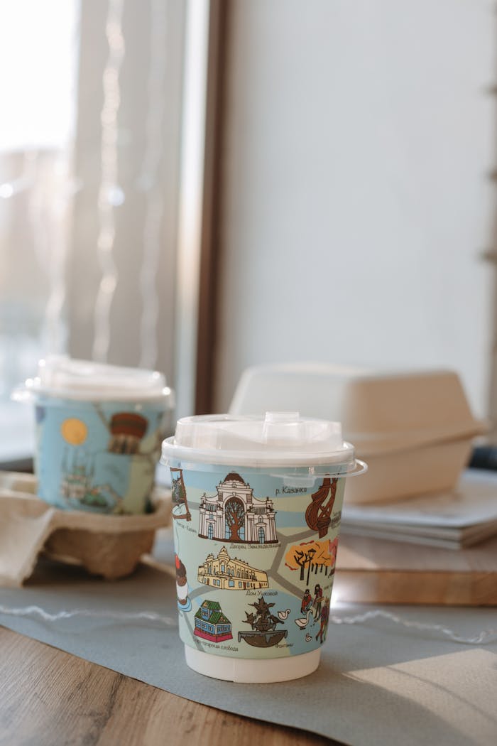 Close-up of decorative disposable cups with landmarks, eco-friendly message indoors.
