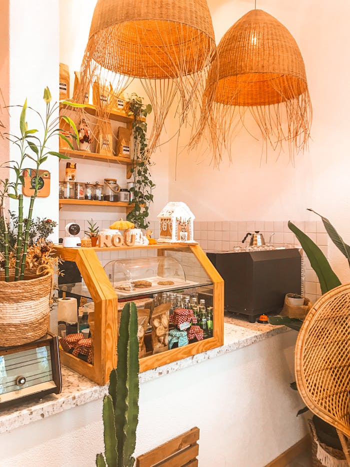 Warm and inviting coffeeshop filled with rustic wicker elements and indoor plants.